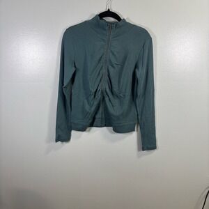Jigsaw Womens Teal Blue 100% Cotton Ruched Zip Up Mock Neck Jacket Size M